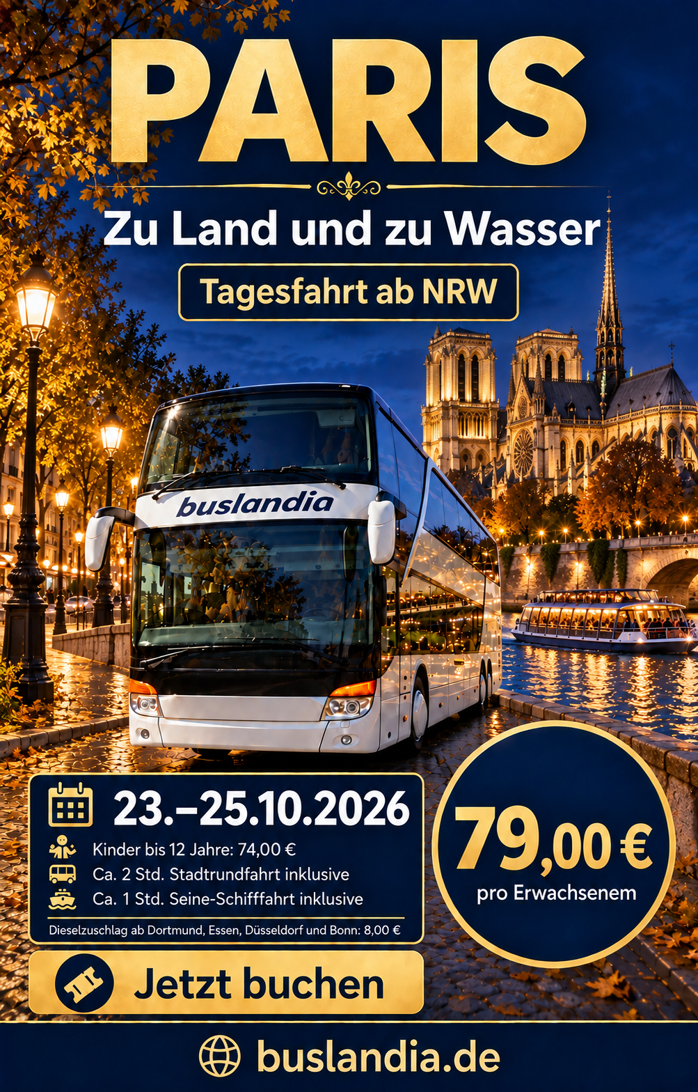 Paris – Tagesfahrt ab NRW vom 23. bis 25.10.2026, Erwachsene 79 Euro, Kinder bis einschließlich 12 Jahre 74 Euro, inklusive Stadtrundfahrt und Seine-Schifffahrt